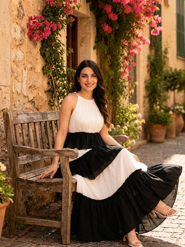 Indolady Black & White Sleeveless Tiered Rayon Dress