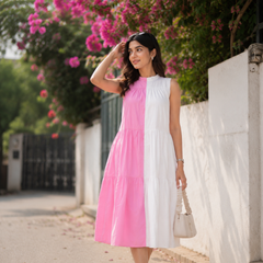 Indolady Pink & White Cotton Tiered Midi Dress