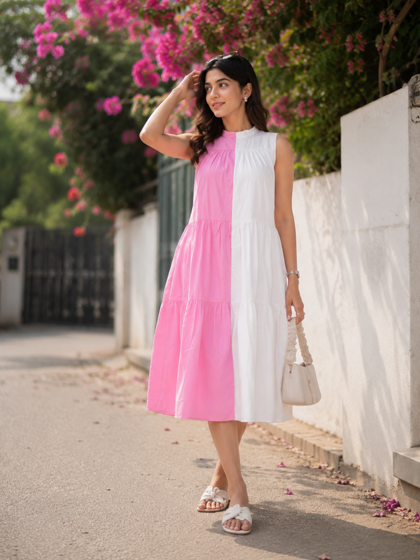 Indolady Pink & White Cotton Tiered Midi Dress