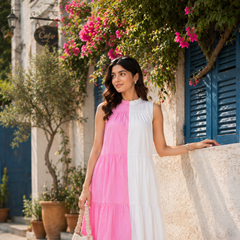 Indolady Pink & White Cotton Tiered Midi Dress