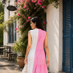 Indolady Pink & White Cotton Tiered Midi Dress