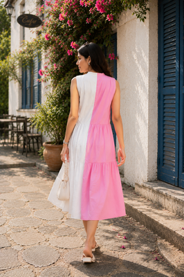 Indolady Pink & White Cotton Tiered Midi Dress