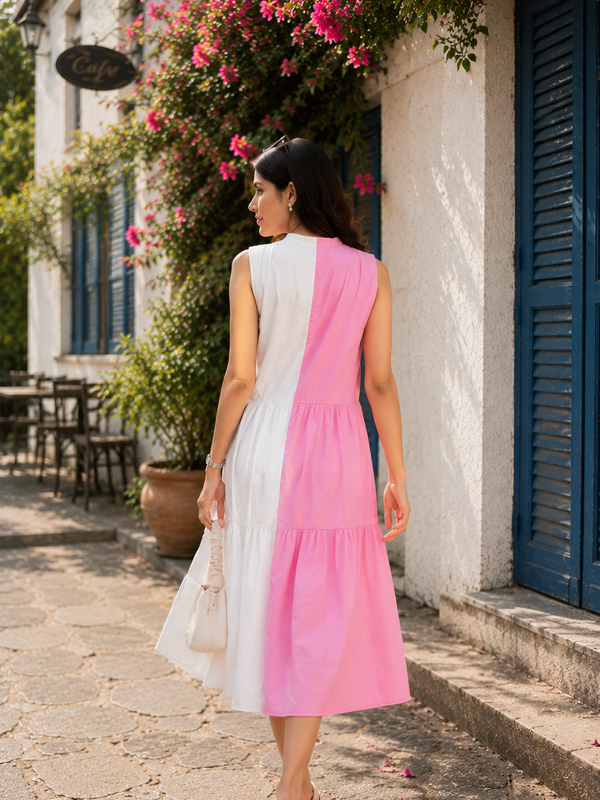 Indolady Pink & White Cotton Tiered Midi Dress