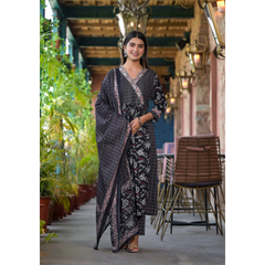 Indolady Black Preet Cotton Suit Set