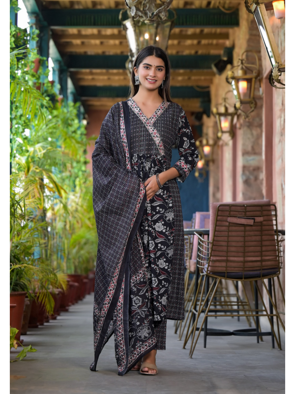 Indolady Black Preet Cotton Suit Set
