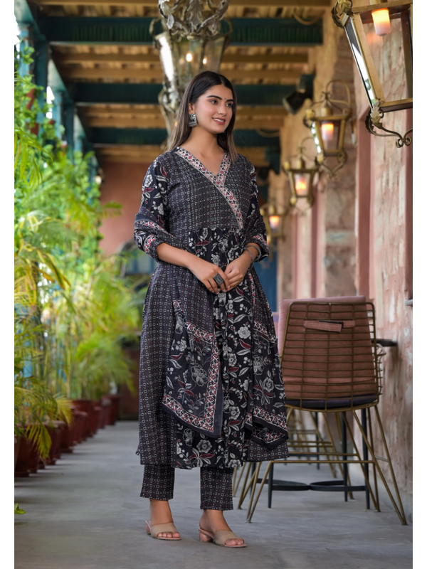 Indolady Black Preet Cotton Suit Set