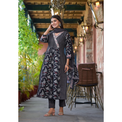 Indolady Black Preet Cotton Suit Set
