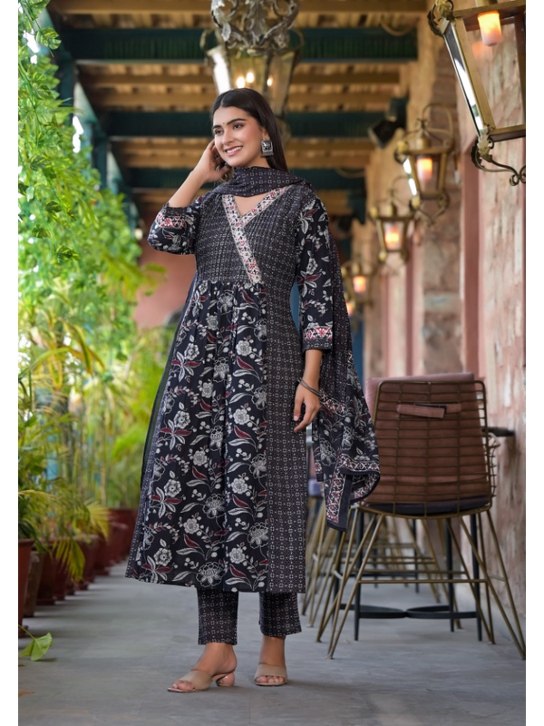 Indolady Black Preet Cotton Suit Set