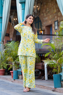Indolady Yellow Cotton Co-Ord Set