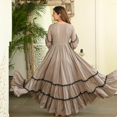 Indolady Brown Pompom Dress – Floor Length Cotton Elegance