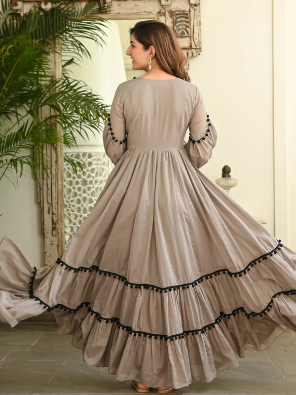 Indolady Brown Pompom Dress – Floor Length Cotton Elegance