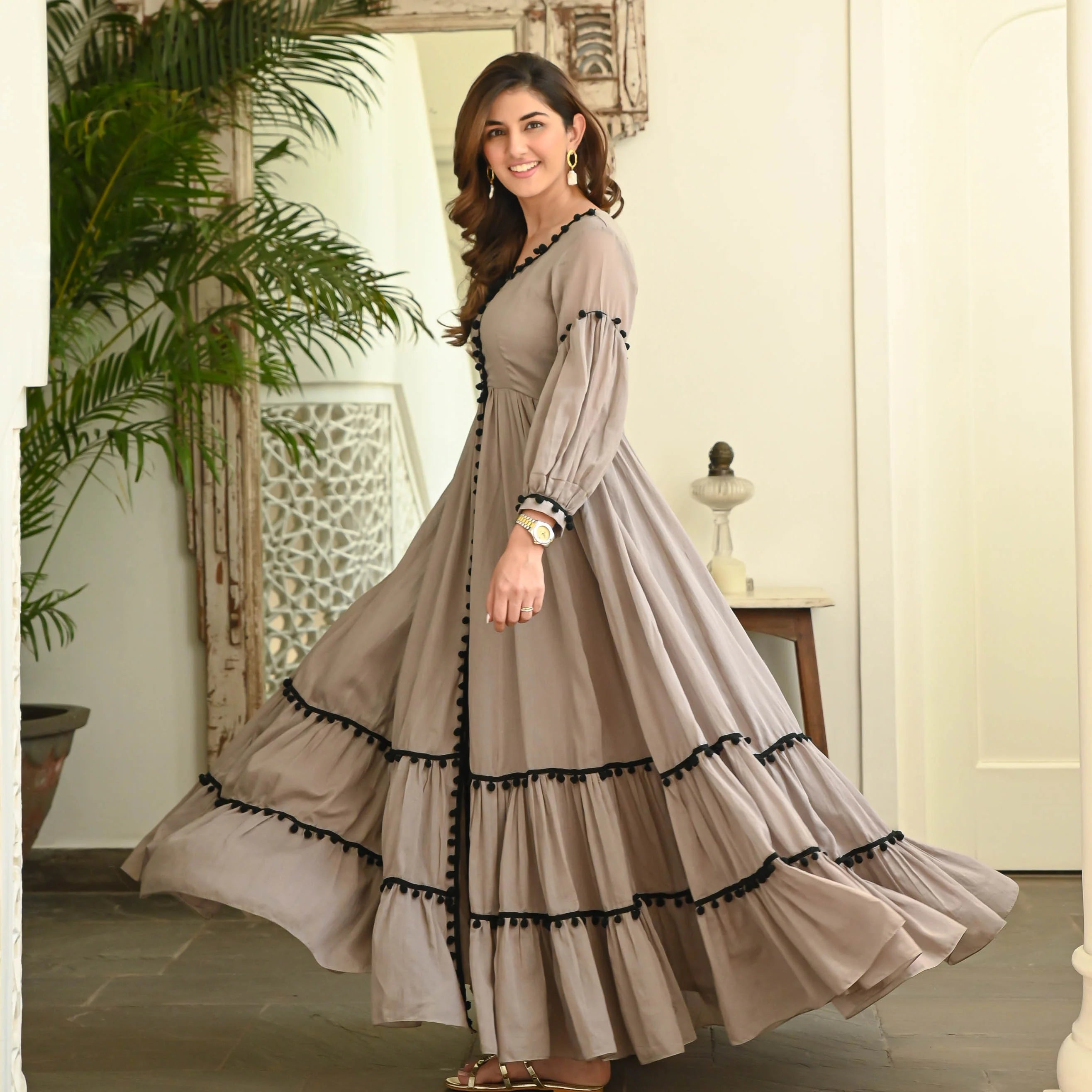 Indolady Brown Pompom Dress – Floor Length Cotton Elegance