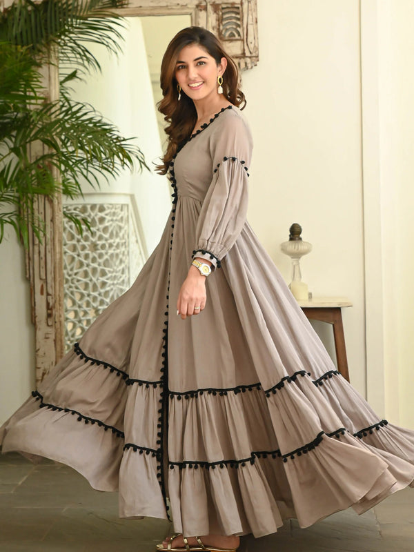 Indolady Brown Pompom Dress – Floor Length Cotton Elegance