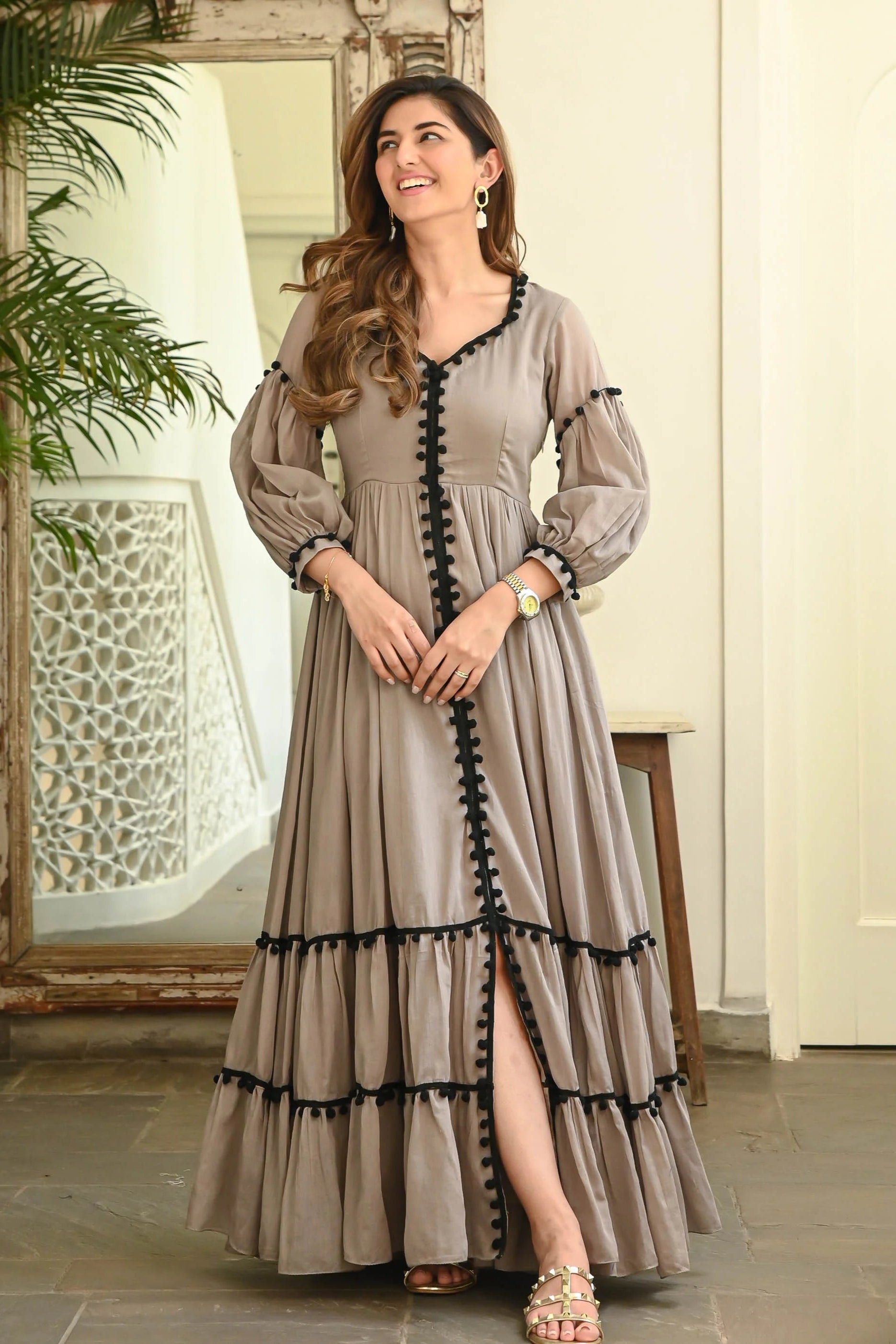 Indolady Brown Pompom Dress – Floor Length Cotton Elegance