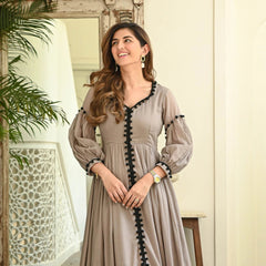 Indolady Brown Pompom Dress – Floor Length Cotton Elegance