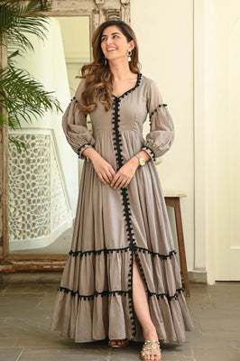 Indolady Brown Pompom Dress – Floor Length Cotton Elegance