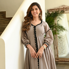 Indolady Brown Pompom Dress – Floor Length Cotton Elegance