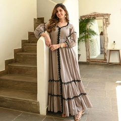 Indolady Brown Pompom Dress – Floor Length Cotton Elegance