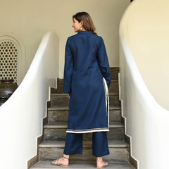 IndoLady Royal Navy Embroidered Straight Kurti Set with Contrast Lace