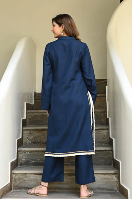 IndoLady Royal Navy Embroidered Straight Kurti Set with Contrast Lace