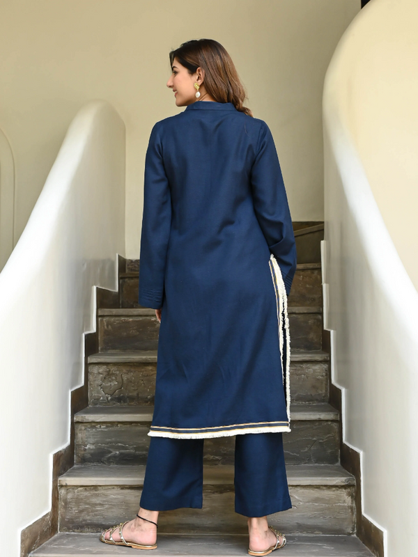 IndoLady Royal Navy Embroidered Straight Kurti Set with Contrast Lace
