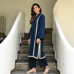 IndoLady Royal Navy Embroidered Straight Kurti Set with Contrast Lace