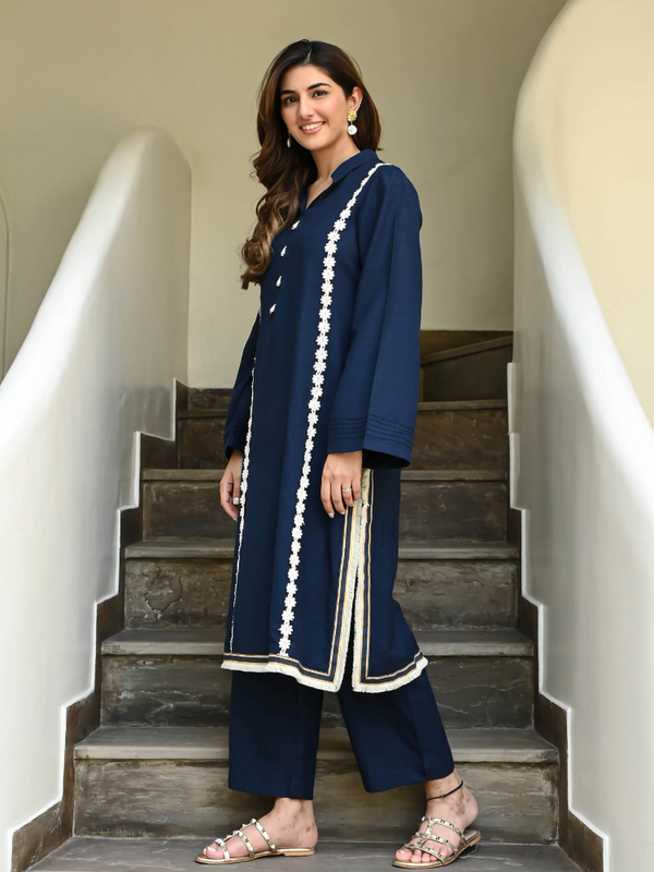 IndoLady Royal Navy Embroidered Straight Kurti Set with Contrast Lace
