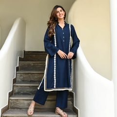 IndoLady Royal Navy Embroidered Straight Kurti Set with Contrast Lace