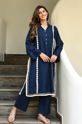 IndoLady Royal Navy Embroidered Straight Kurti Set with Contrast Lace