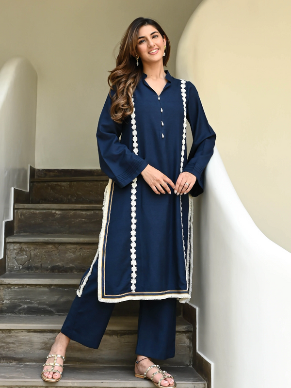 IndoLady Royal Navy Embroidered Straight Kurti Set with Contrast Lace