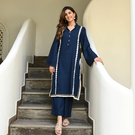 IndoLady Royal Navy Embroidered Straight Kurti Set with Contrast Lace