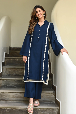 IndoLady Royal Navy Embroidered Straight Kurti Set with Contrast Lace