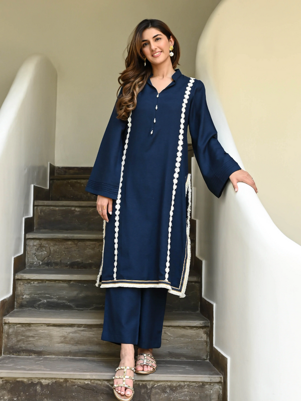 IndoLady Royal Navy Embroidered Straight Kurti Set with Contrast Lace
