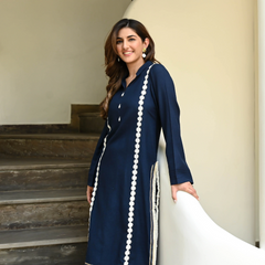 IndoLady Royal Navy Embroidered Straight Kurti Set with Contrast Lace