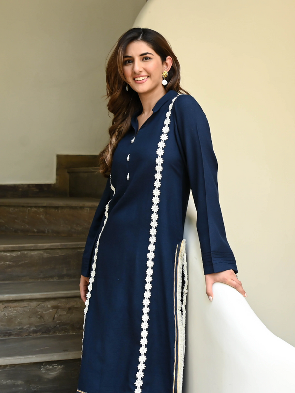 IndoLady Royal Navy Embroidered Straight Kurti Set with Contrast Lace