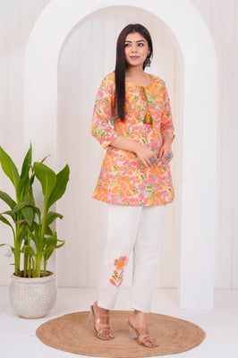 Indolady Orange Patchwork Co-ord Set – Pure Cotton, Chic & Comfortable