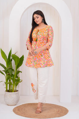 Indolady Orange Patchwork Co-ord Set – Pure Cotton, Chic & Comfortable