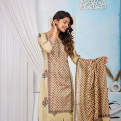 Graceful Bloom: Beige Cotton Kurta Pant with Dupatta Set