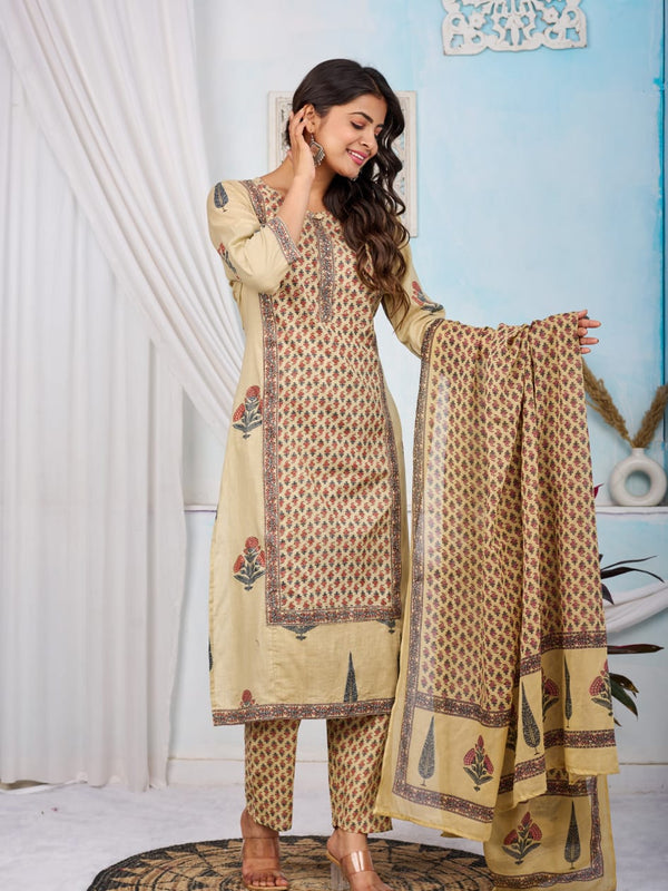Graceful Bloom: Beige Cotton Kurta Pant with Dupatta Set