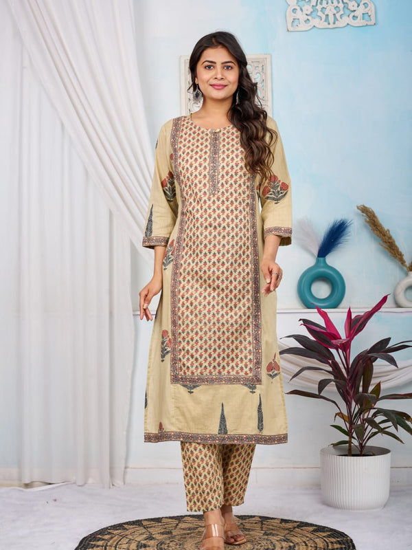 Graceful Bloom: Beige Cotton Kurta Pant with Dupatta Set