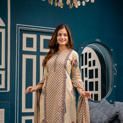 Graceful Bloom: Beige Cotton Kurta Pant with Dupatta Set