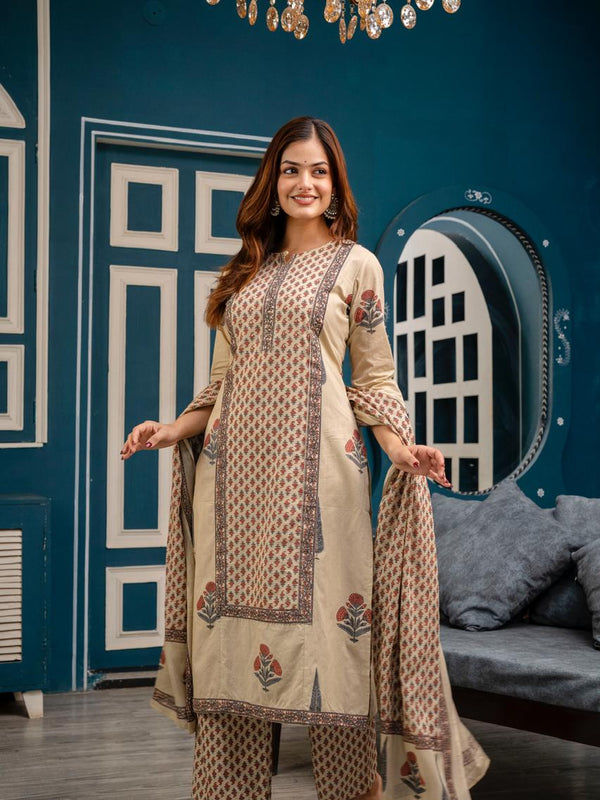 Graceful Bloom: Beige Cotton Kurta Pant with Dupatta Set
