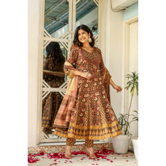 Indolady Brown Full-Flared Anarkali Dupatta Suit Set – Pure Cotton