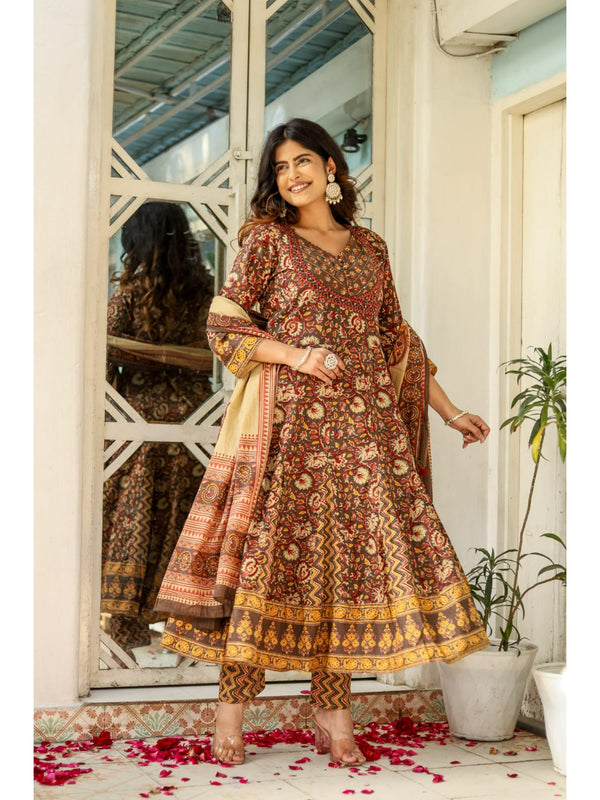 Indolady Brown Full-Flared Anarkali Dupatta Suit Set – Pure Cotton