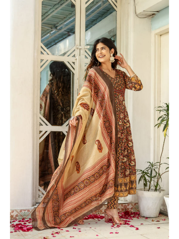 Indolady Brown Full-Flared Anarkali Dupatta Suit Set – Pure Cotton