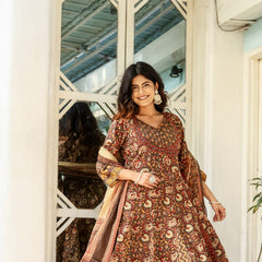 Indolady Brown Full-Flared Anarkali Dupatta Suit Set – Pure Cotton