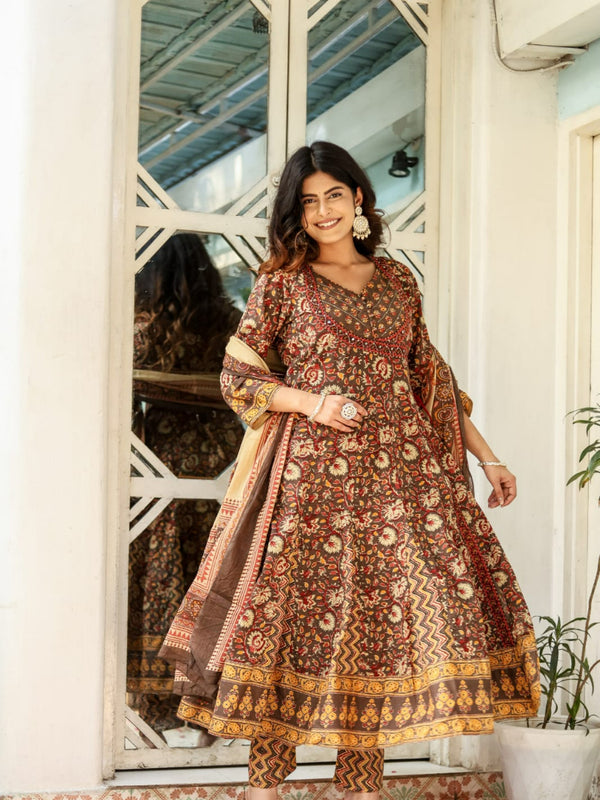 Indolady Brown Full-Flared Anarkali Dupatta Suit Set – Pure Cotton