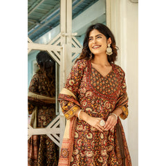 Indolady Brown Full-Flared Anarkali Dupatta Suit Set – Pure Cotton