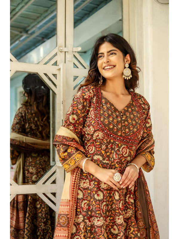 Indolady Brown Full-Flared Anarkali Dupatta Suit Set – Pure Cotton
