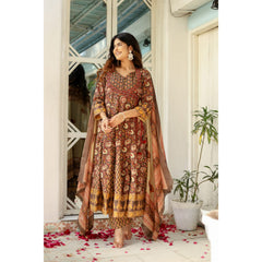 Indolady Brown Full-Flared Anarkali Dupatta Suit Set – Pure Cotton